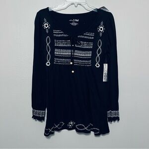 RXB Southwestern Smocked Boho Embroidered Black Tunic Sustainable M